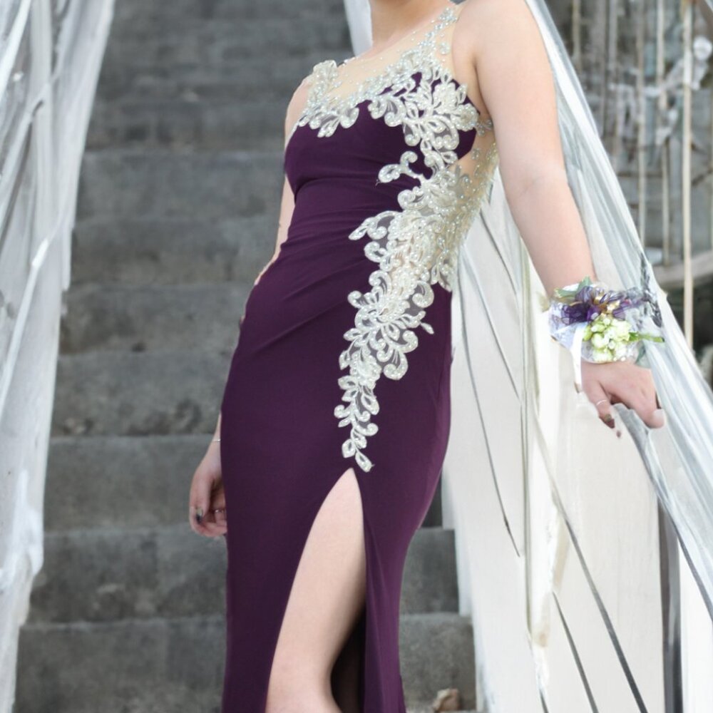 Betsy & Adams - Plum Gown with Gold Detailing and side slit